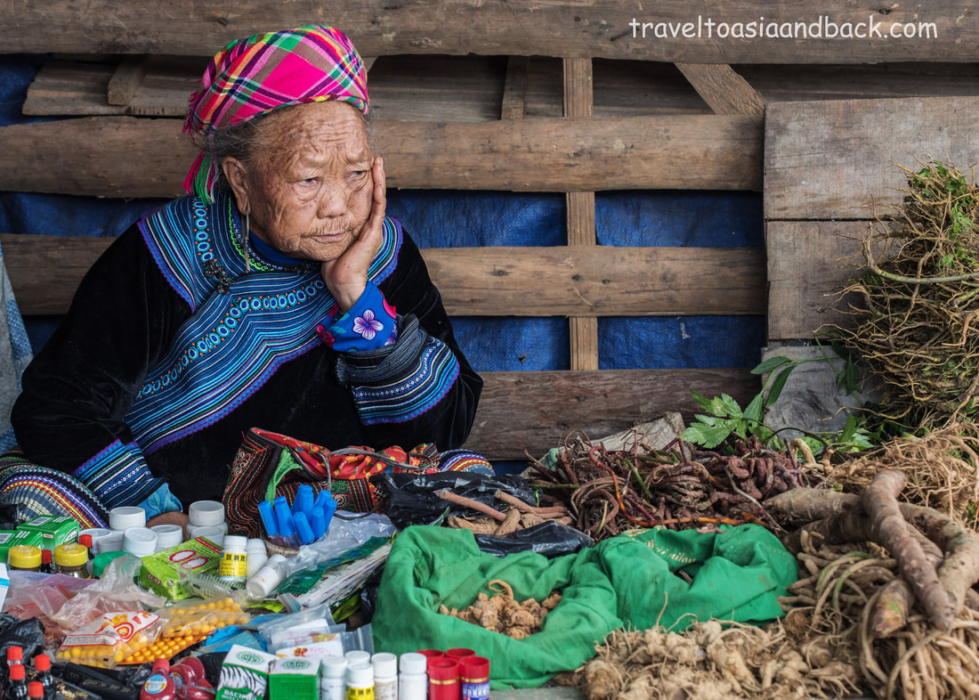 An elderly Flower Hmong woman sells an odd collection of roots, pills and powders. Bac Ha Sunday Market, Lao Cai Province, Vietnam  